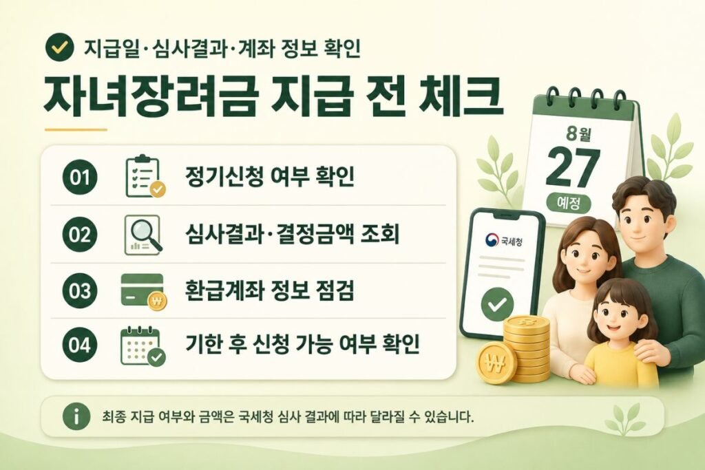 2026 자녀장려금 지급일 전 정기신청 여부와 심사결과·결정금액·환급계좌 확인 체크리스트