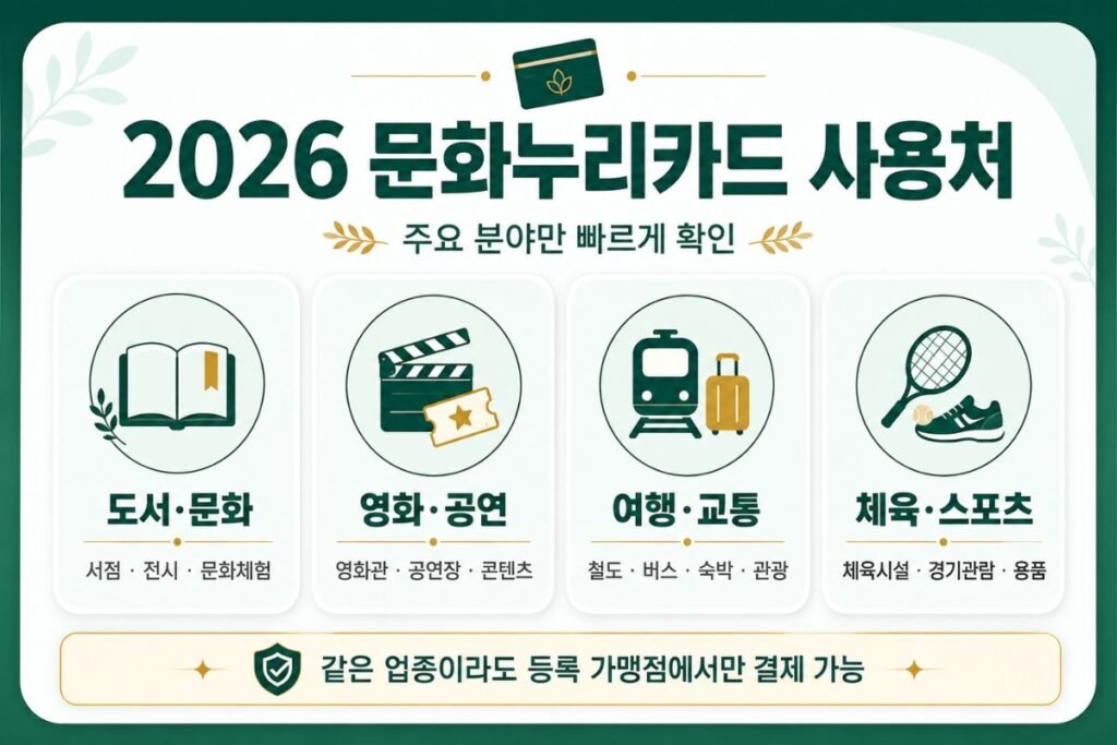 2026 문화누리카드 사용처 도서 문화 영화 공연 여행 교통 체육 스포츠 분야별 요약