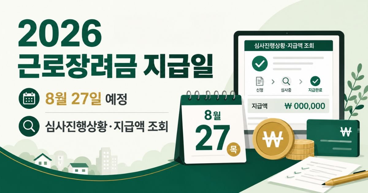 2026 근로장려금 지급일 8월 27일 예정과 심사진행상황 및 지급액 조회 방법을 안내하는 대표 이미지