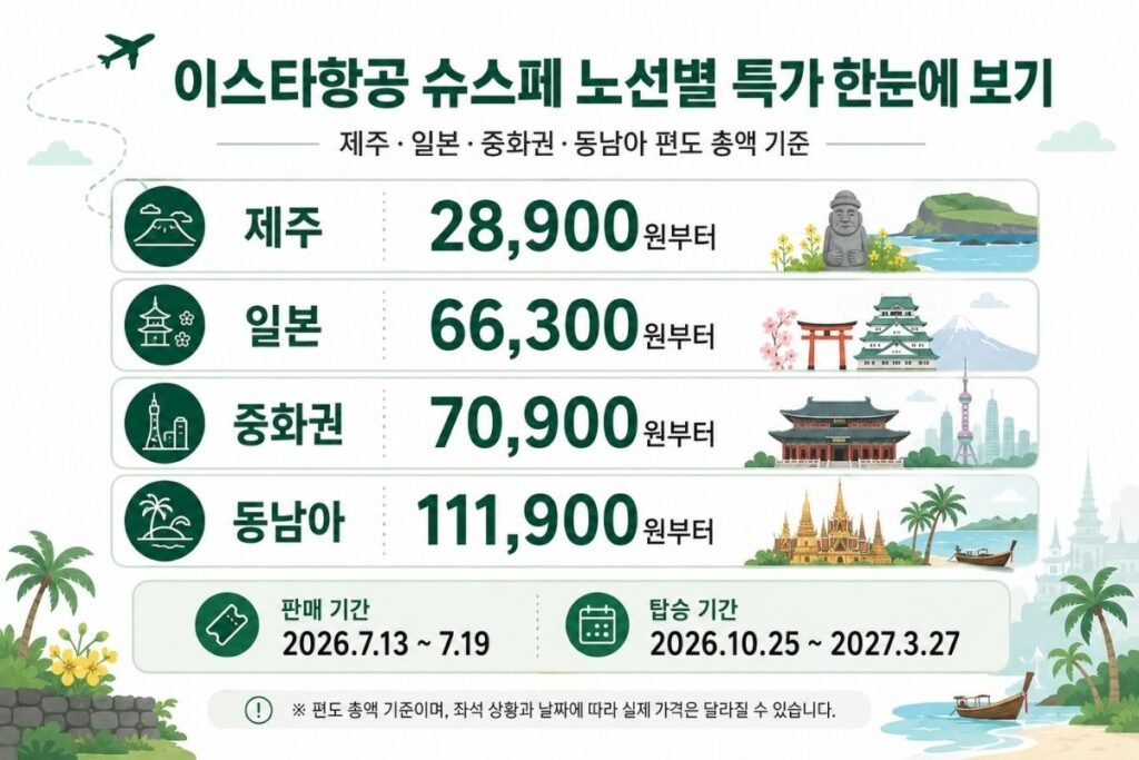 2026 이스타항공 슈스페 노선별 최저가 금액 정리
