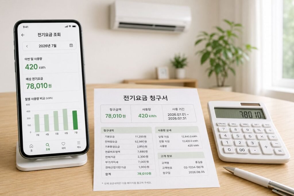 2026 전기세 계산 후 전기사용량과 실제 전기요금을 온라인으로 조회하는 모습