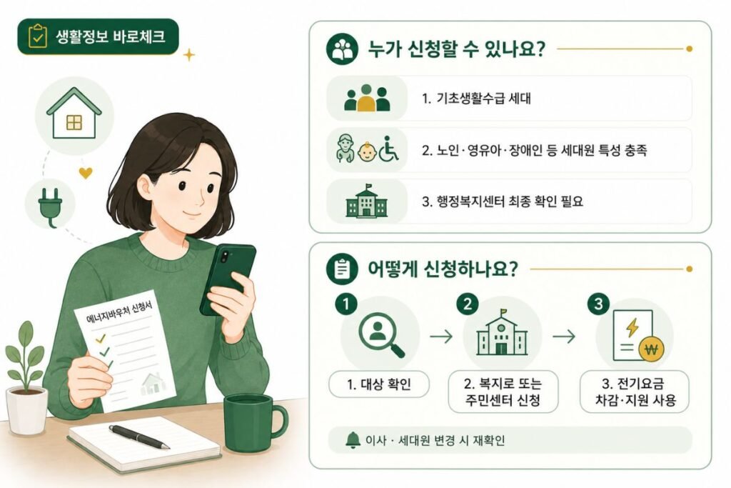 2026 에너지바우처 신청 대상과 복지로 및 행정복지센터 신청 절차를 정리한 이미지