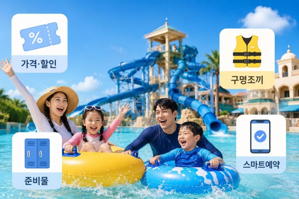 2026 캐리비안베이 가격 할인 준비물 구명조끼 스마트예약을 안내하는 가족 물놀이 이미지