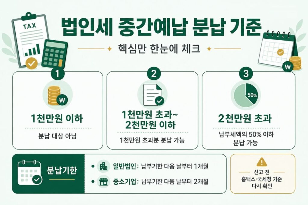 법인세 중간예납 기간 분납 기준 1천만원 초과 세액과 분납기한 안내