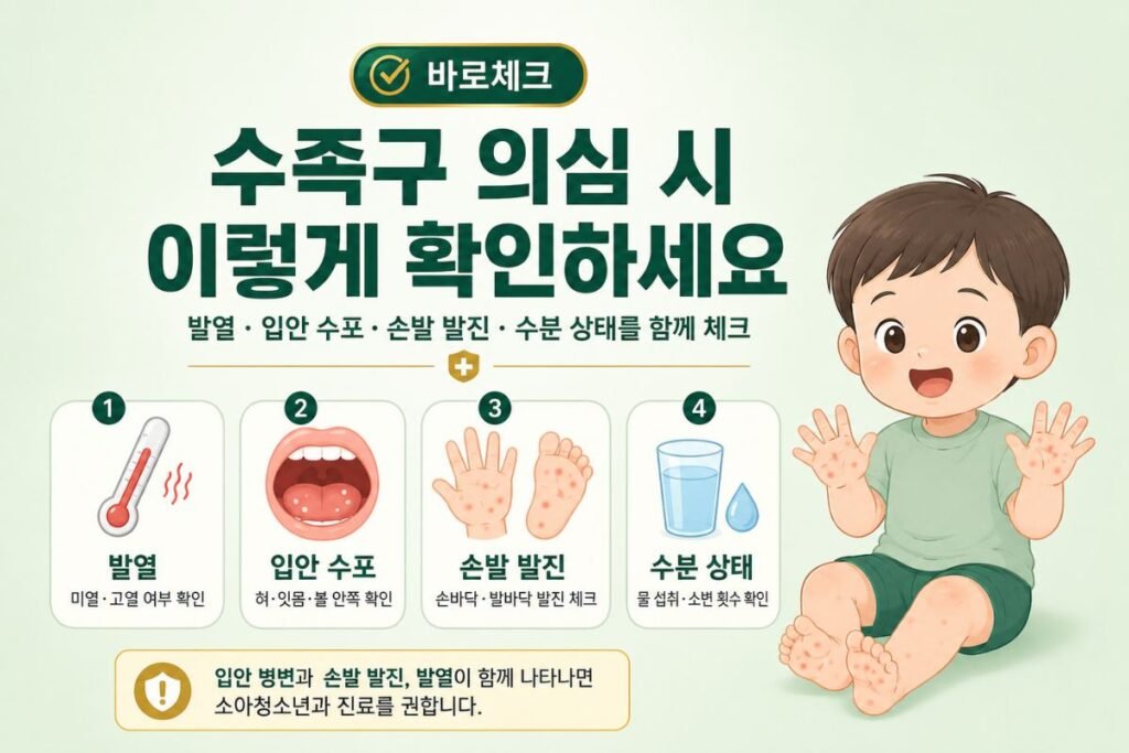 수족구 증상 순서, 의심 시 발열, 입안 수포, 손발 발진과 수분 상태를 확인하는 체크 이미지