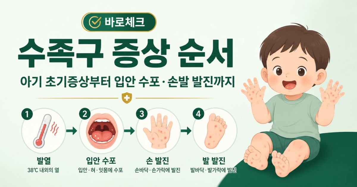 수족구 증상 순서를 발열, 입안 수포, 손발 발진으로 설명한 아기 건강정보 이미지