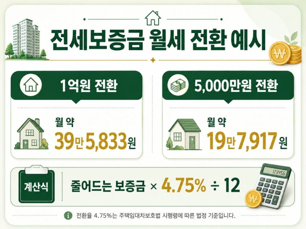 전월세전환계산기 전세보증금 1억원과 5,000만원 월세 전환금액 계산 예시