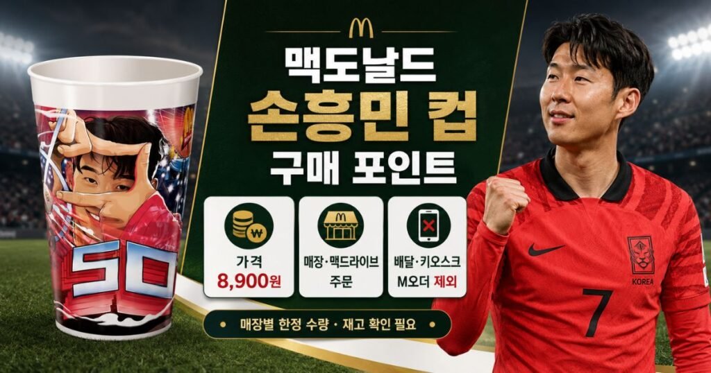 맥도날드 손흥민 컵 가격 8,900원과 매장·맥드라이브 구매, 배달·키오스크 제외 및 재고 확인 안내