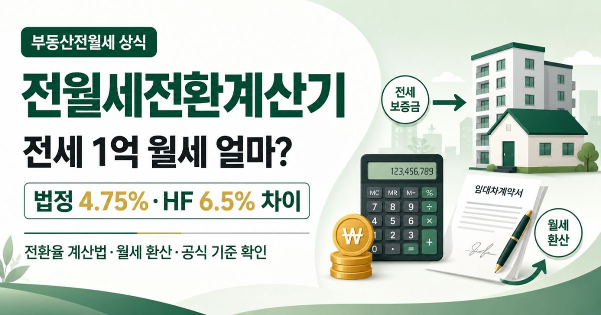 전월세전환계산기 2026 전세 1억 월세 계산과 법정 4.75%·HF 6.5% 차이 안내