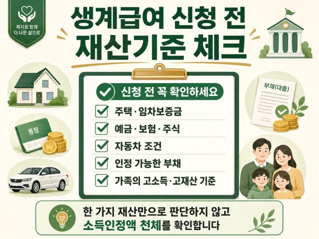 2026 생계급여 조건 재산기준 체크 주택 임차보증금 예금 보험 주식 자동차 조건 부채 가족 기준
