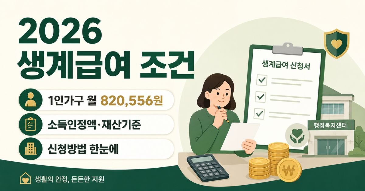2026 생계급여 조건 1인가구 금액 소득인정액 재산기준 신청방법 대표이미지