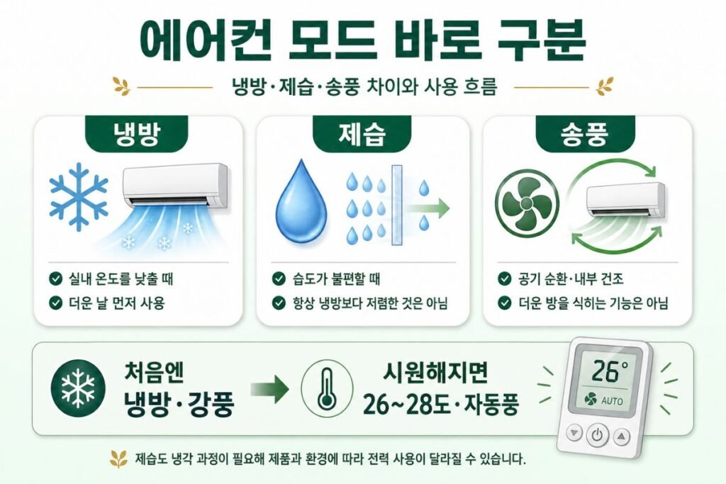 에어컨 전기세 절약 팁, 냉방·제습·송풍 모드 차이와 냉방 초기 강풍에서 26~28도 자동풍으로 조절하는 흐름 비교 이미지