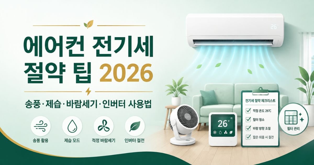 에어컨 전기세 절약 팁, 송풍·제습·바람세기·인버터 사용법과 필터 관리 방법을 정리한 2026 대표 이미지