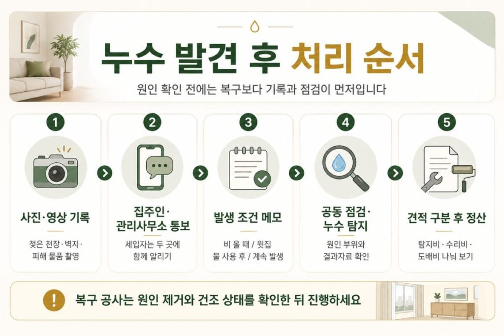 아파트 누수 책임, 사진 기록부터 통보·점검·탐지·견적 정산까지 누수 처리 순서