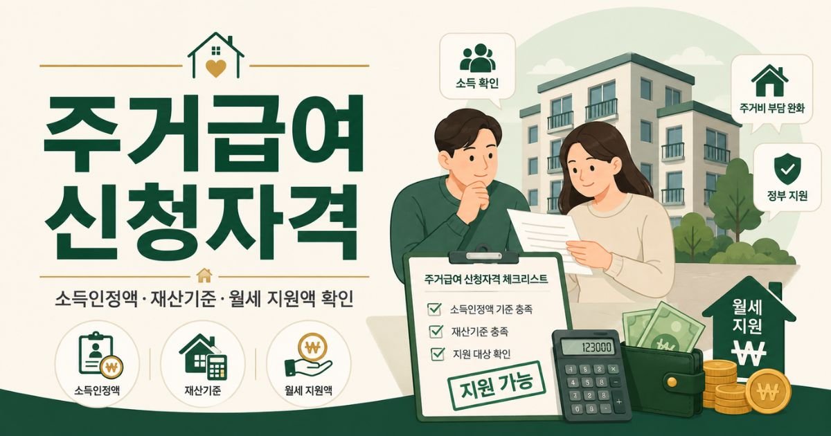 주거급여 신청자격, 소득인정액과 재산기준 및 월세 지원액을 확인하는 안내 이미지