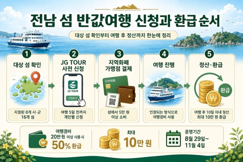전남 섬 반값여행 여행 5일 전 신청부터 지역화폐 결제와 여행 후 10일 이내 환급 정산 순서 이미지