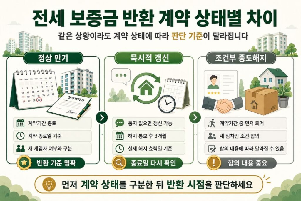 전세 만기 보증금 반환 시기 정상 만기 묵시적 갱신 조건부 중도해지 비교 이미지