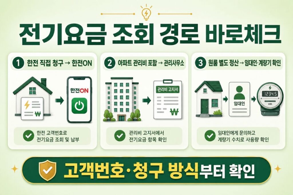 한전 전기요금 조회 주거 형태별 조회 경로 한전ON 관리사무소 임대인 계량기 확인