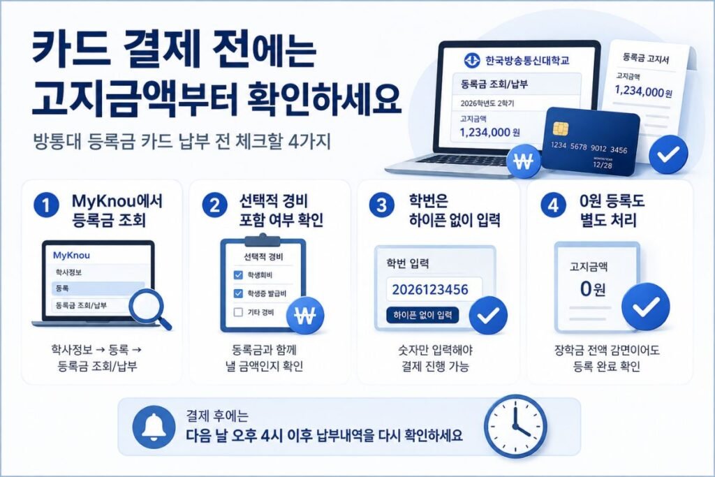 방통대 등록금 카드 납부, MyKnou 고지금액 조회와 선택적 경비·학번 입력·0원 등록 확인 이미지