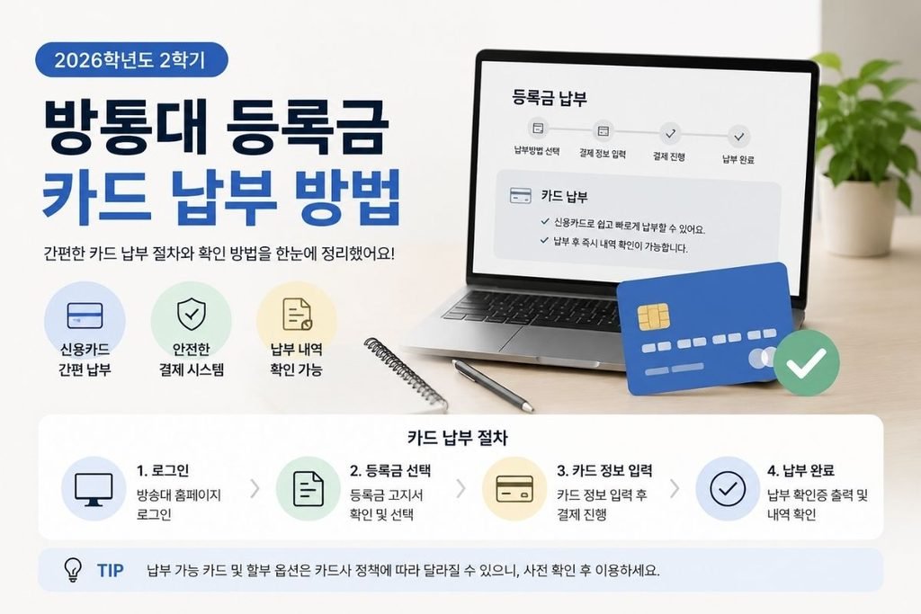 방통대 등록금 카드 납부 로그인 등록금 선택 카드 정보 입력 납부 완료 절차 이미지