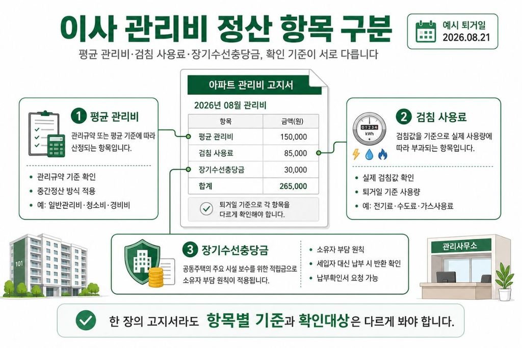 관리비 중간정산, 평균 관리비 검침 사용료 장기수선충당금 확인 항목 비교 이미지