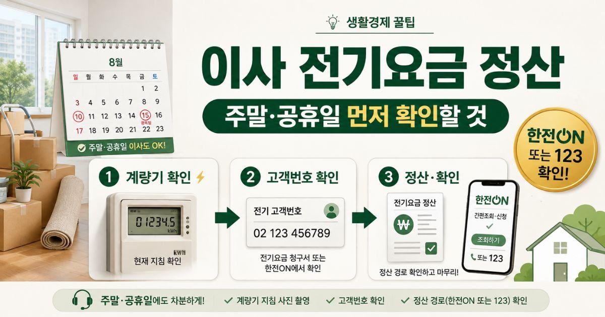 이사 전기요금 정산 주말 공휴일 계량기 고객번호 확인 안내 이미지