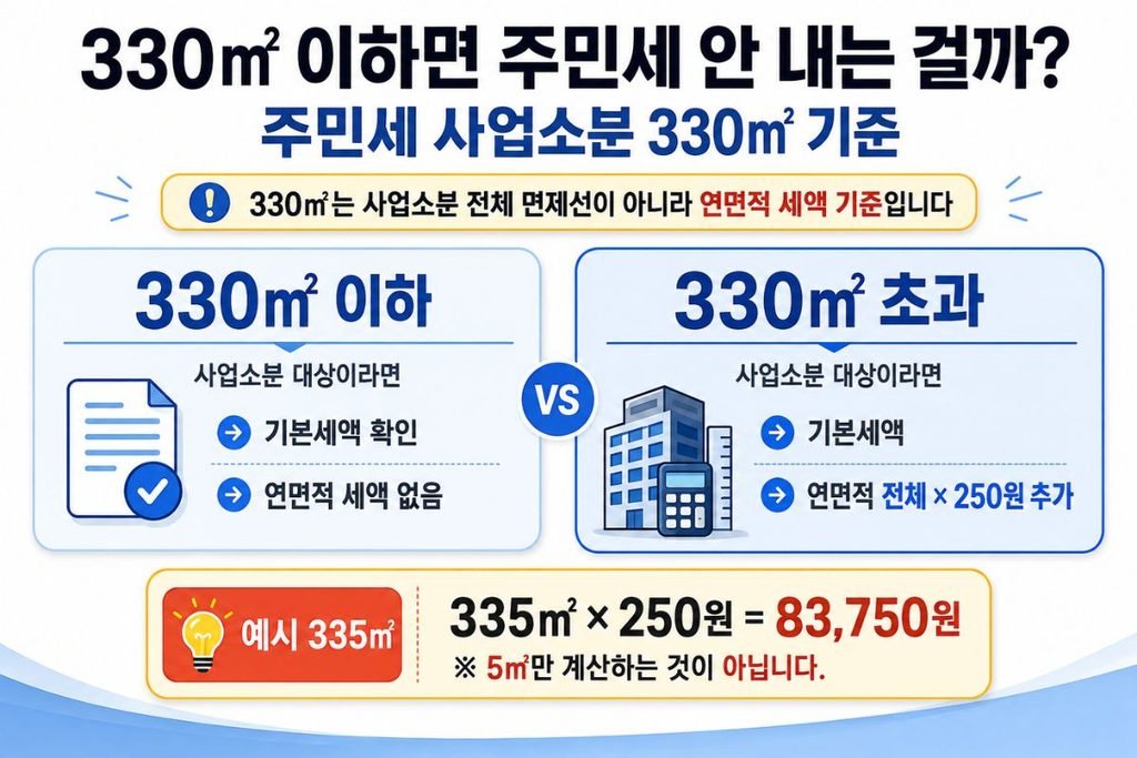330㎡ 이하와 초과 연면적 세액 차이를 보여주는 주민세 사업소분 기준 비교 이미지