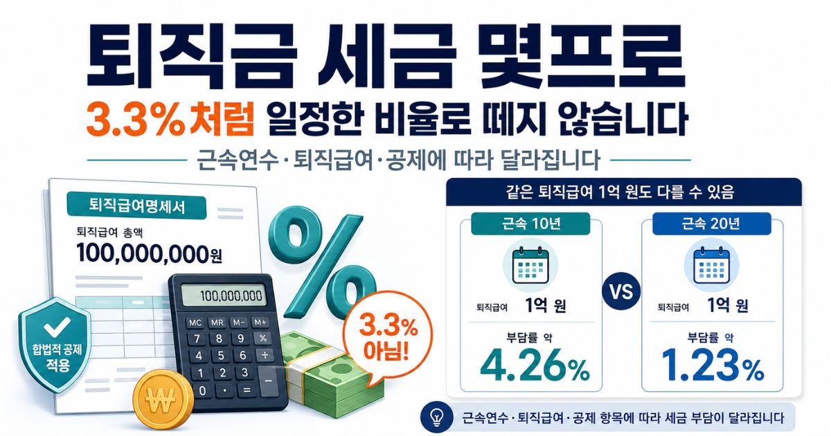 퇴직금 세금 몇프로, 3.3% 고정세율이 아닌 근속연수별 실제 부담률 비교 이미지