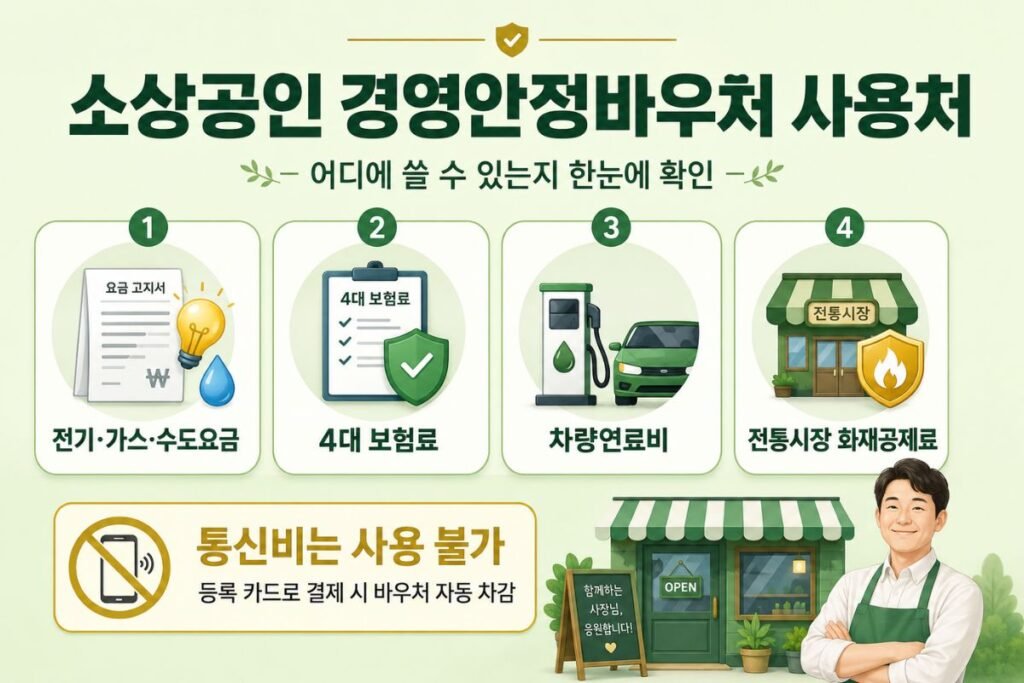 소상공인 경영안정바우처 사용처 전기·가스·수도요금, 4대 보험료, 차량연료비, 전통시장 화재공제료