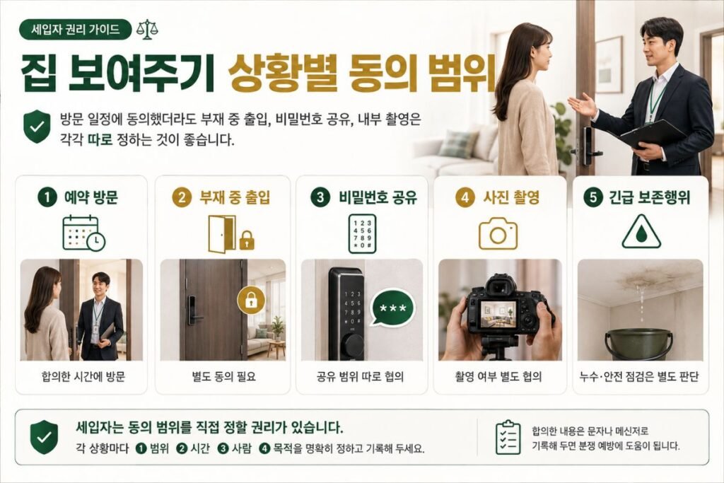 세입자 집 보여주기 예약 방문과 부재 중 출입 비밀번호 사진 촬영 동의 범위 비교 이미지
