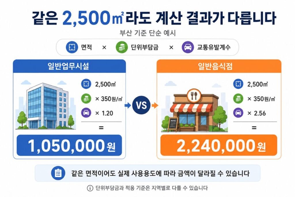 교통유발부담금 계산, 2500제곱미터 업무시설과 일반음식점의 교통유발계수와 부담금 비교 이미지