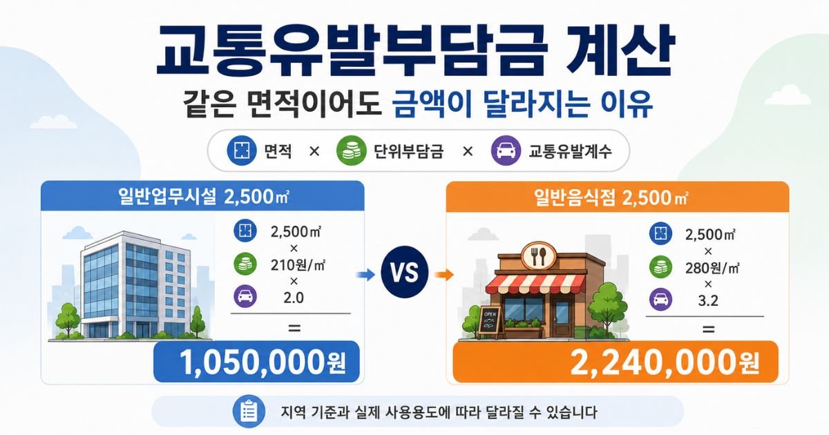 교통유발부담금 계산, 같은 면적에서도 단위부담금과 교통유발계수에 따라 금액이 달라지는 안내 이미지